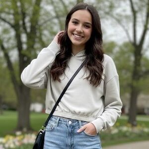 Juniors Love Tree Soft Air Elastic Waist Cropped Top Hoodie Tan/Beige Size M